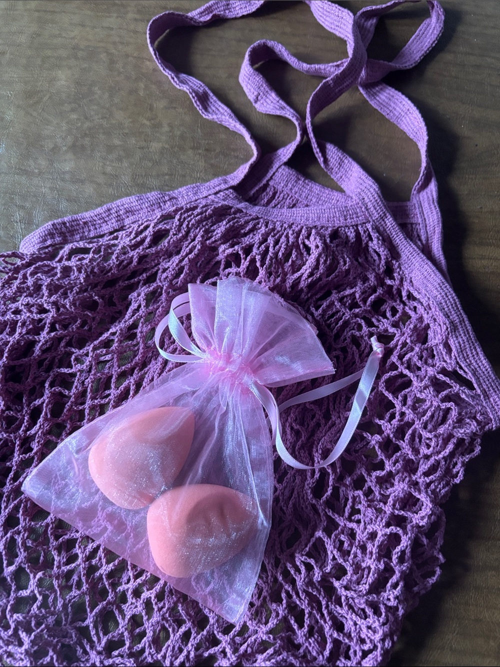 Lavender Crochet Market Tote Bag with makeup Sponges